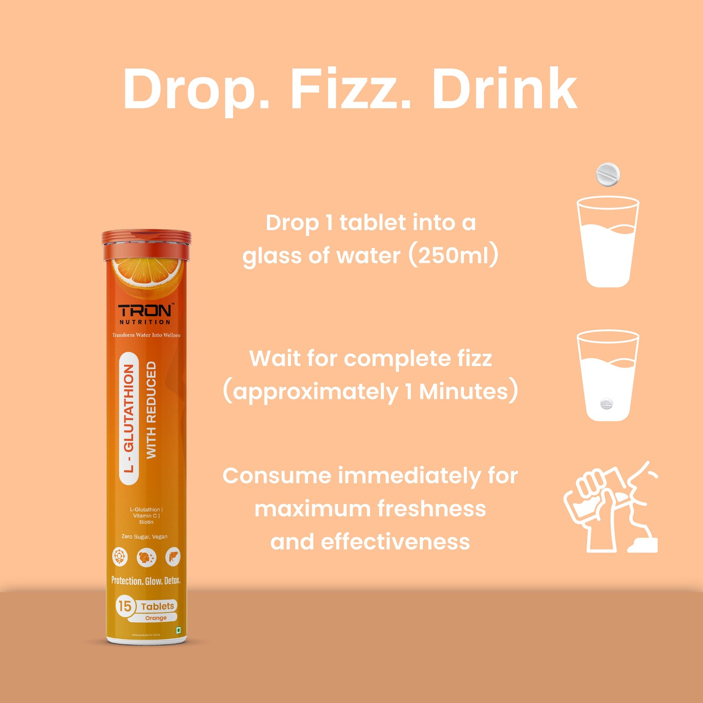 Tron L-Glutathione Effervescent | Skin Glow | Hair Support | Zero Sugar | Orange