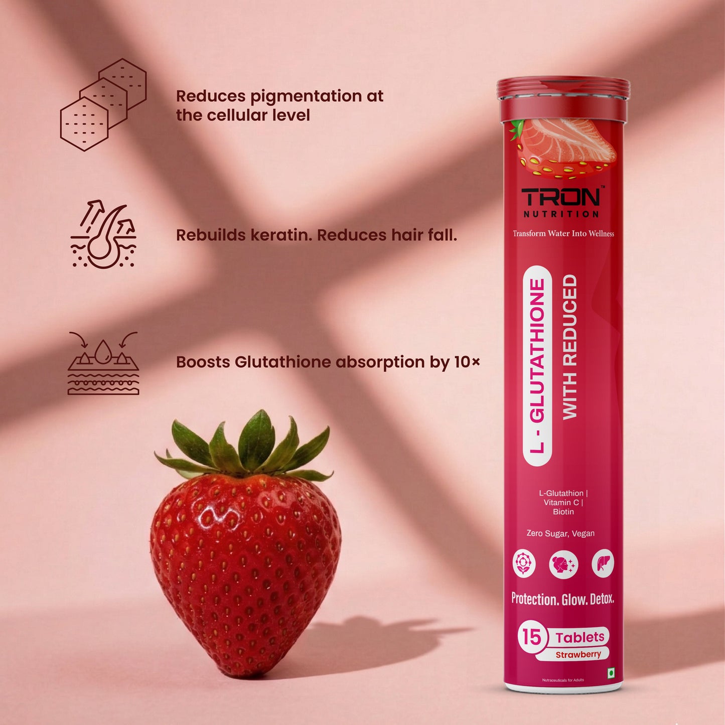Tron L-Glutathione Effervescent | Skin Glow | Hair Support | Zero Sugar | Strawberry