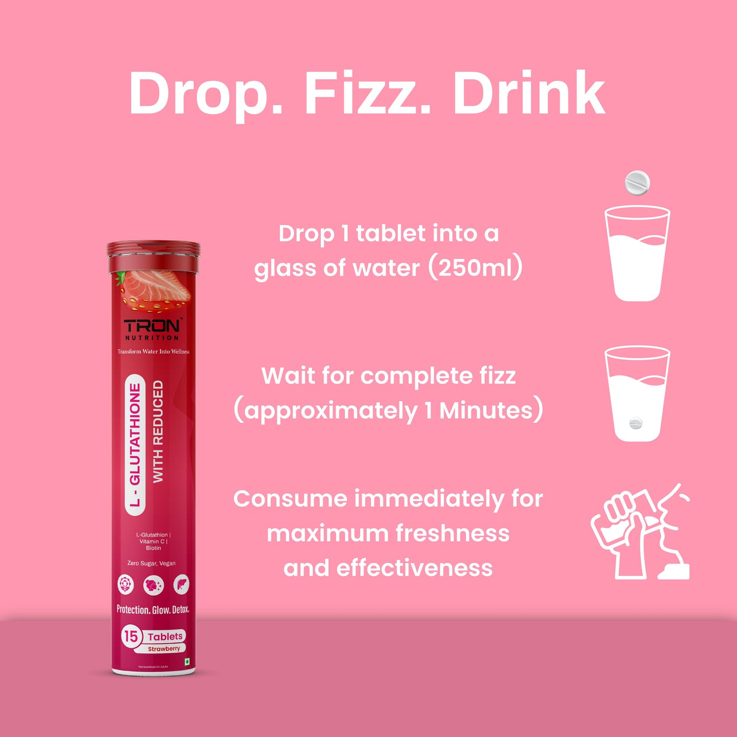 Tron L-Glutathione Effervescent | Skin Glow | Hair Support | Zero Sugar | Strawberry