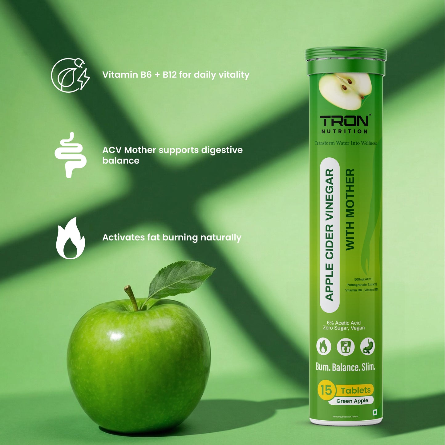 Tron ACV Effervescent with Mother | Gut Detox | Metabolism Support | Zero Sugar | Green Apple