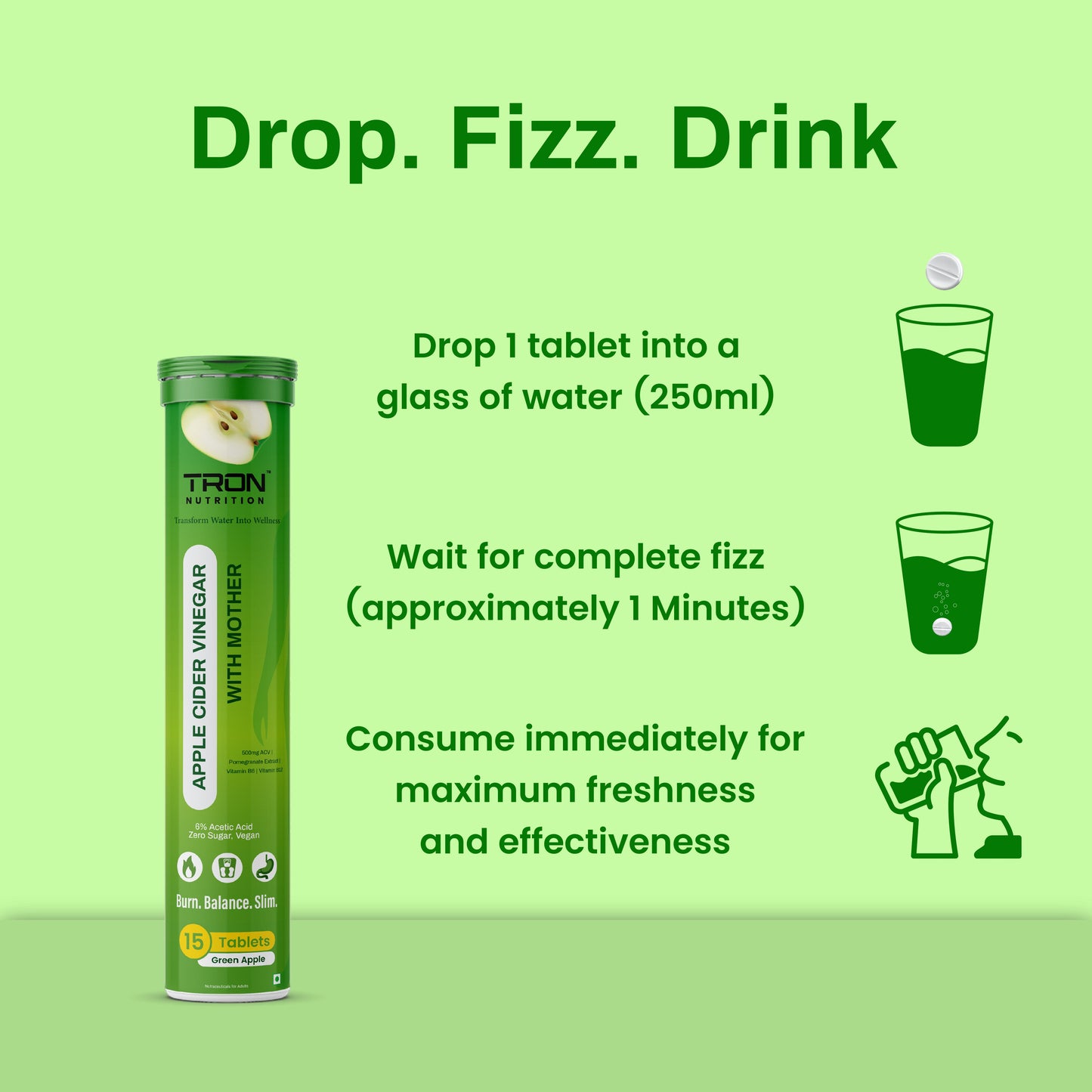 Tron ACV Effervescent with Mother | Gut Detox | Metabolism Support | Zero Sugar | Green Apple